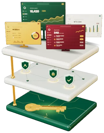 Three stacked layers: product screens on top, shields for shared sign-in and permissions in the middle, and a key on the data foundation below.